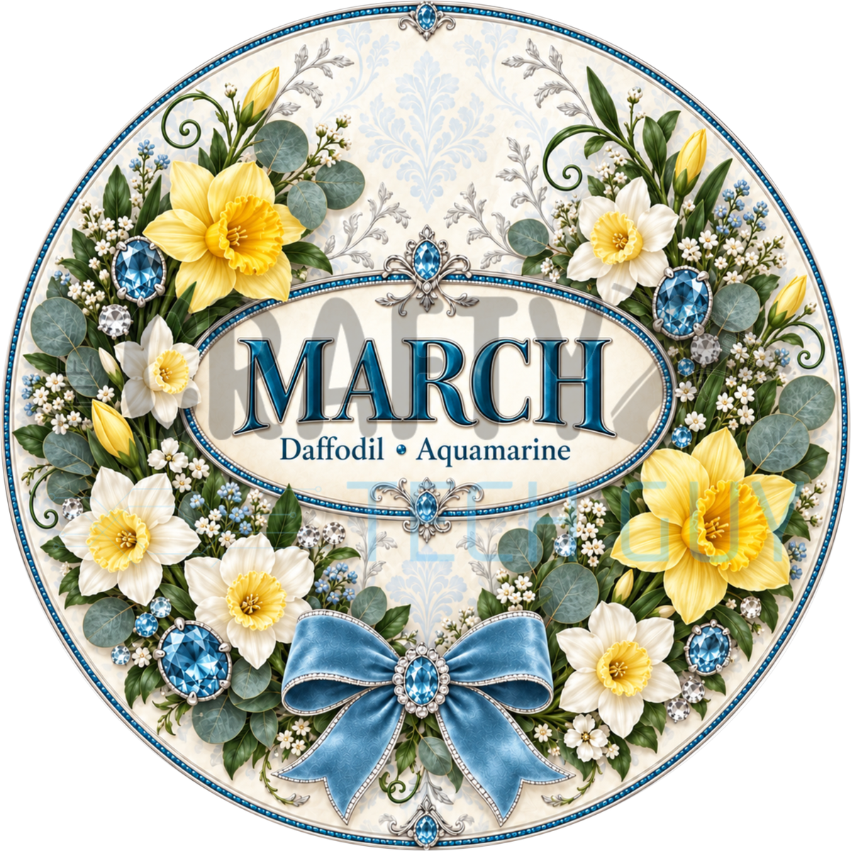 Round March birthstone wreath sign with yellow and white daffodils, aquamarine blue jewels and a light blue bow around the words March Daffodil Aquamarine