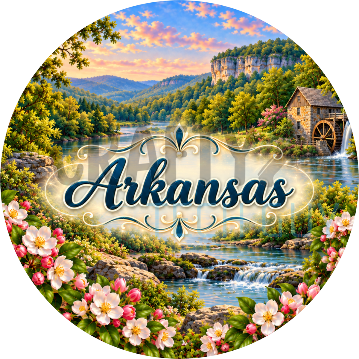 Round Arkansas state wreath sign with the state name in script beside an Ozark grist mill and waterfall framed by apple blossoms