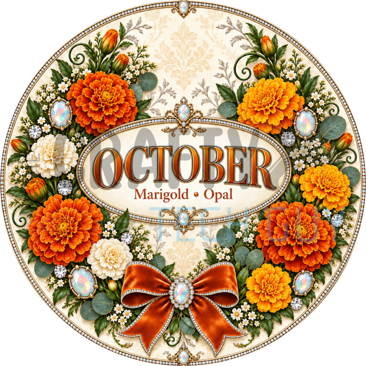 Round October birthstone wreath sign with orange and gold marigolds, iridescent opal jewels and an orange bow around the words October Marigold Opal