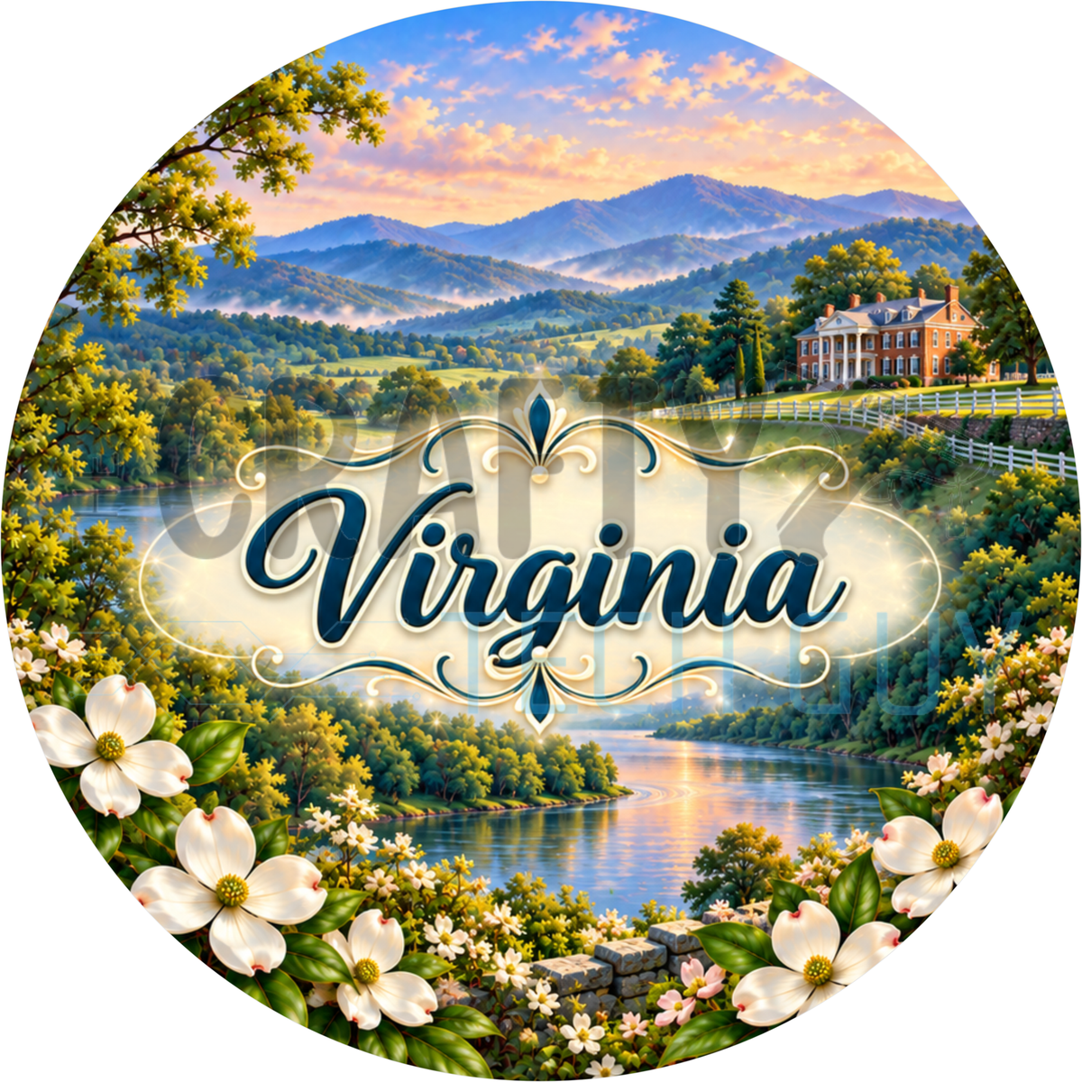 Round Virginia state wreath sign with navy script lettering over the Blue Ridge Mountains, a brick plantation house, a river and white dogwood blooms
