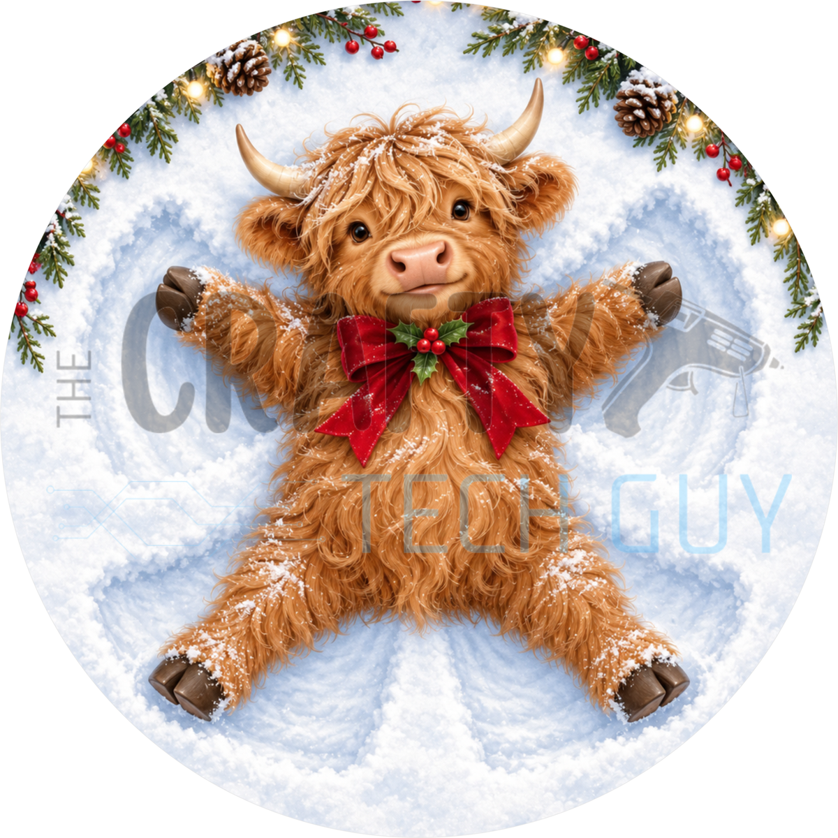 Round Christmas wreath sign of a fluffy Highland cow calf with a red bow making a snow angel in white snow with holly and pinecones