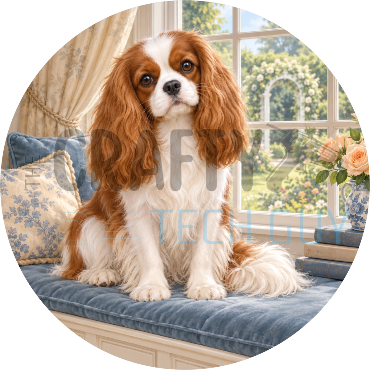 Round dog wreath sign of a Cavalier King Charles Spaniel sitting on a blue window seat with a floral pillow and a garden view