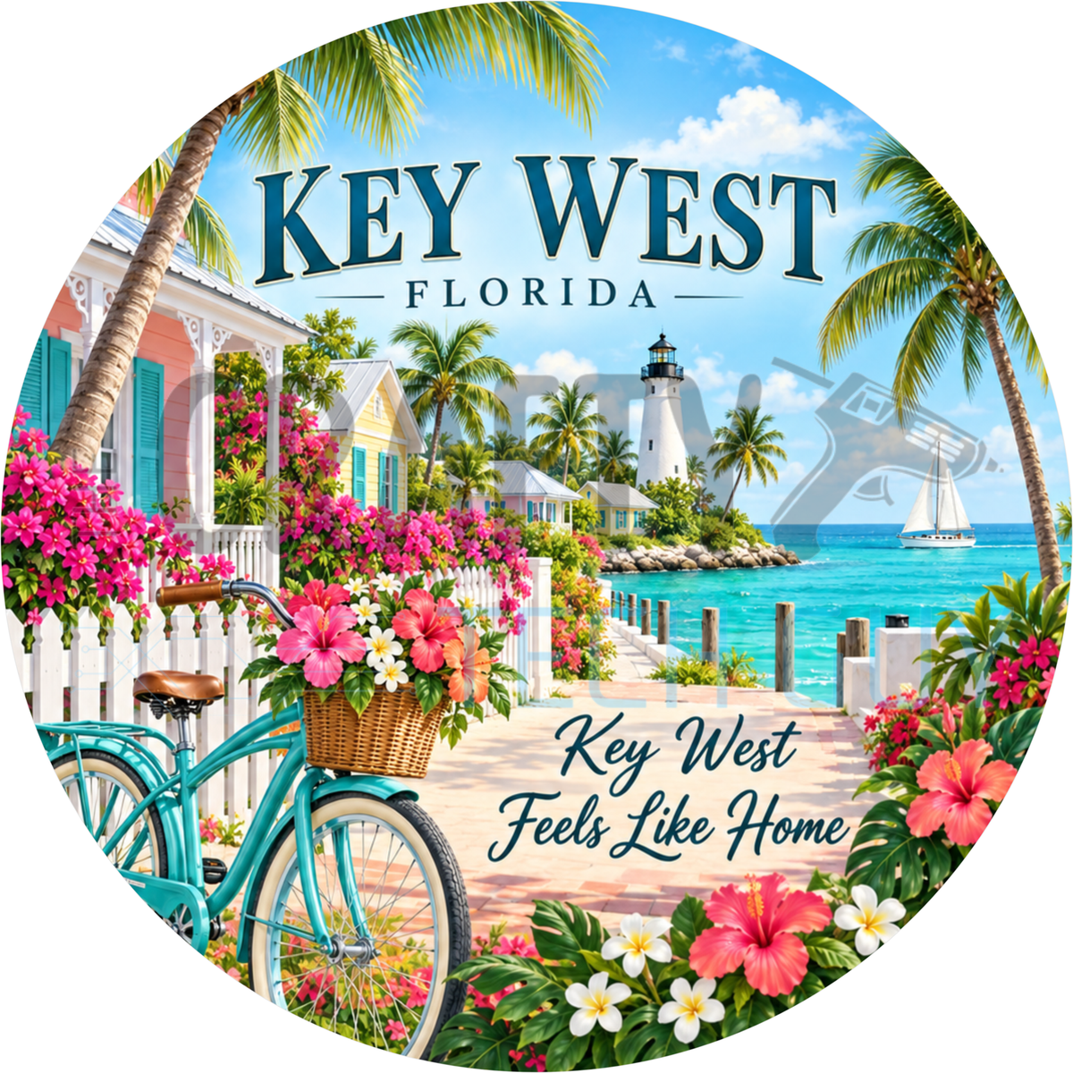 Round Key West Florida wreath sign with pastel cottages, a lighthouse, palms and a teal bicycle reading Key West Feels Like Home