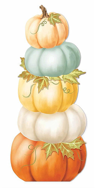 70 Inch Tall Pumpkin Stack Fall Porch Sign with Five Heirloom Pumpkins in Orange Cream Gold and Blue Gray with Metallic Gold Maple Leaves
