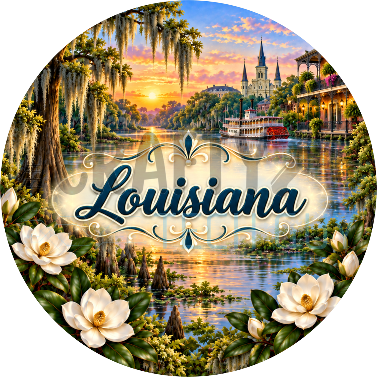 Round Louisiana state wreath sign with the state name in script over a mossy bayou with a riverboat and cathedral framed by white magnolias