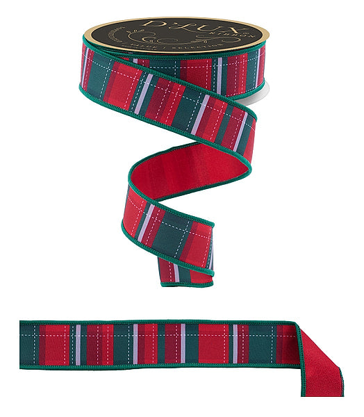 1.5 Inch 10 Yard Emerald Green Red and White Dashed Plaid Tartan Wired Christmas Ribbon on Satin with Green Wired Edge