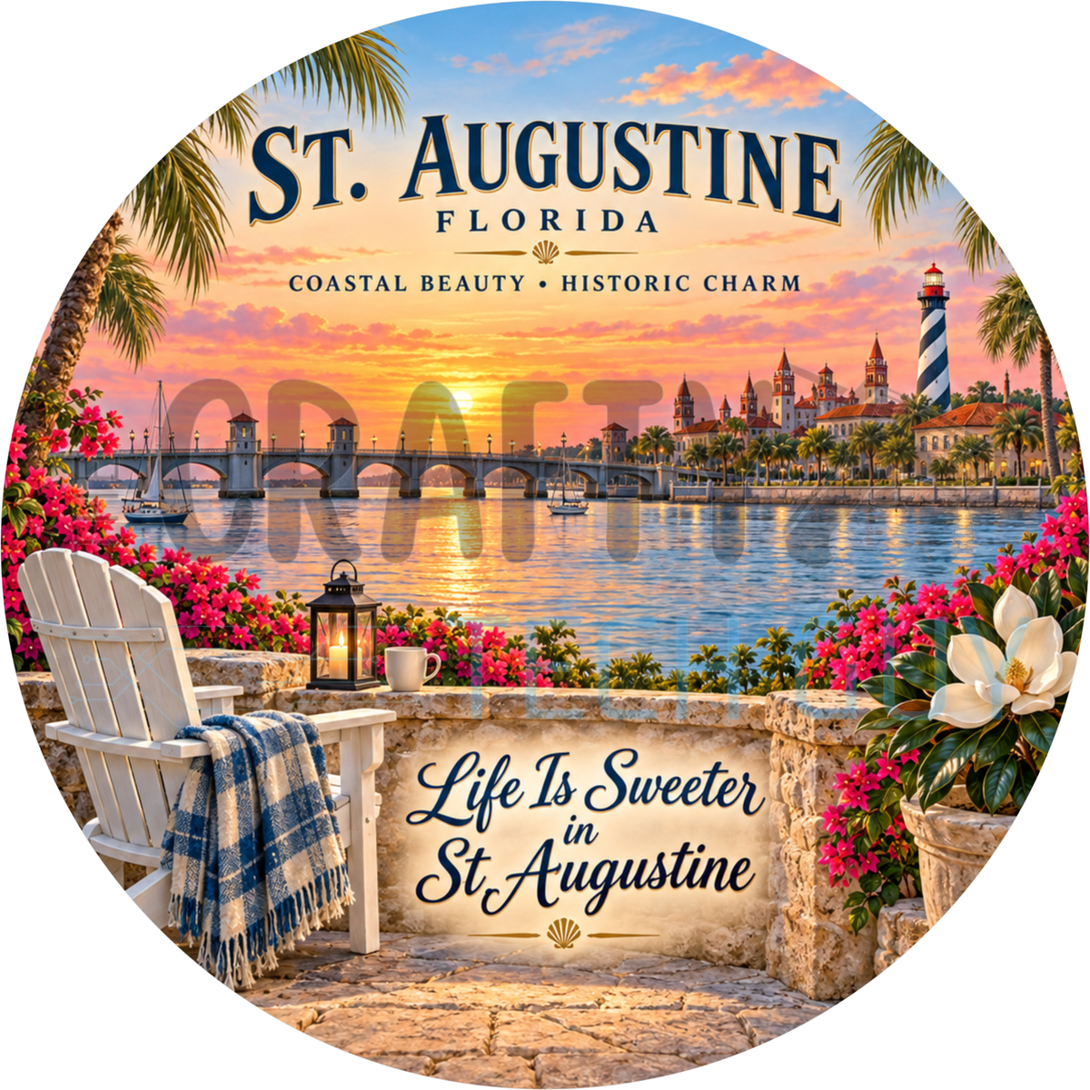 Round St. Augustine Florida wreath sign with a white Adirondack chair overlooking an arched bridge at sunset reading Life Is Sweeter in St. Augustine