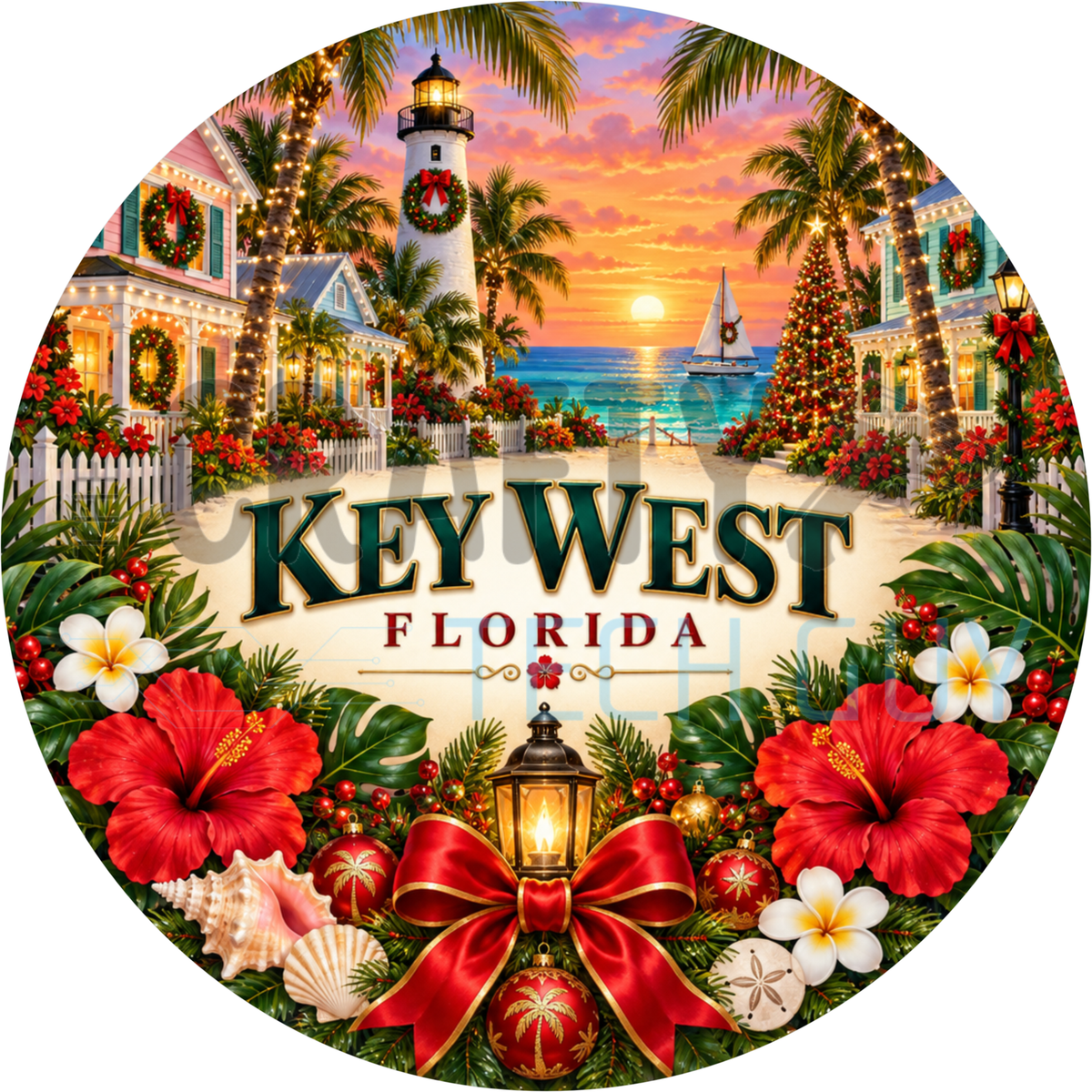 Round Christmas Key West Florida name wreath sign with a lighthouse, lit palms, red hibiscus, seashells and a red bow