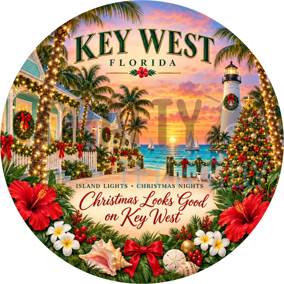 Round Christmas Key West Florida wreath sign with twinkle-lit palms, a lighthouse, Christmas tree and red hibiscus