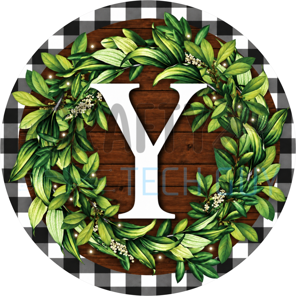 Round monogram wreath sign with a white letter Y inside a green leaf wreath on dark wood planks with a black and white buffalo check border