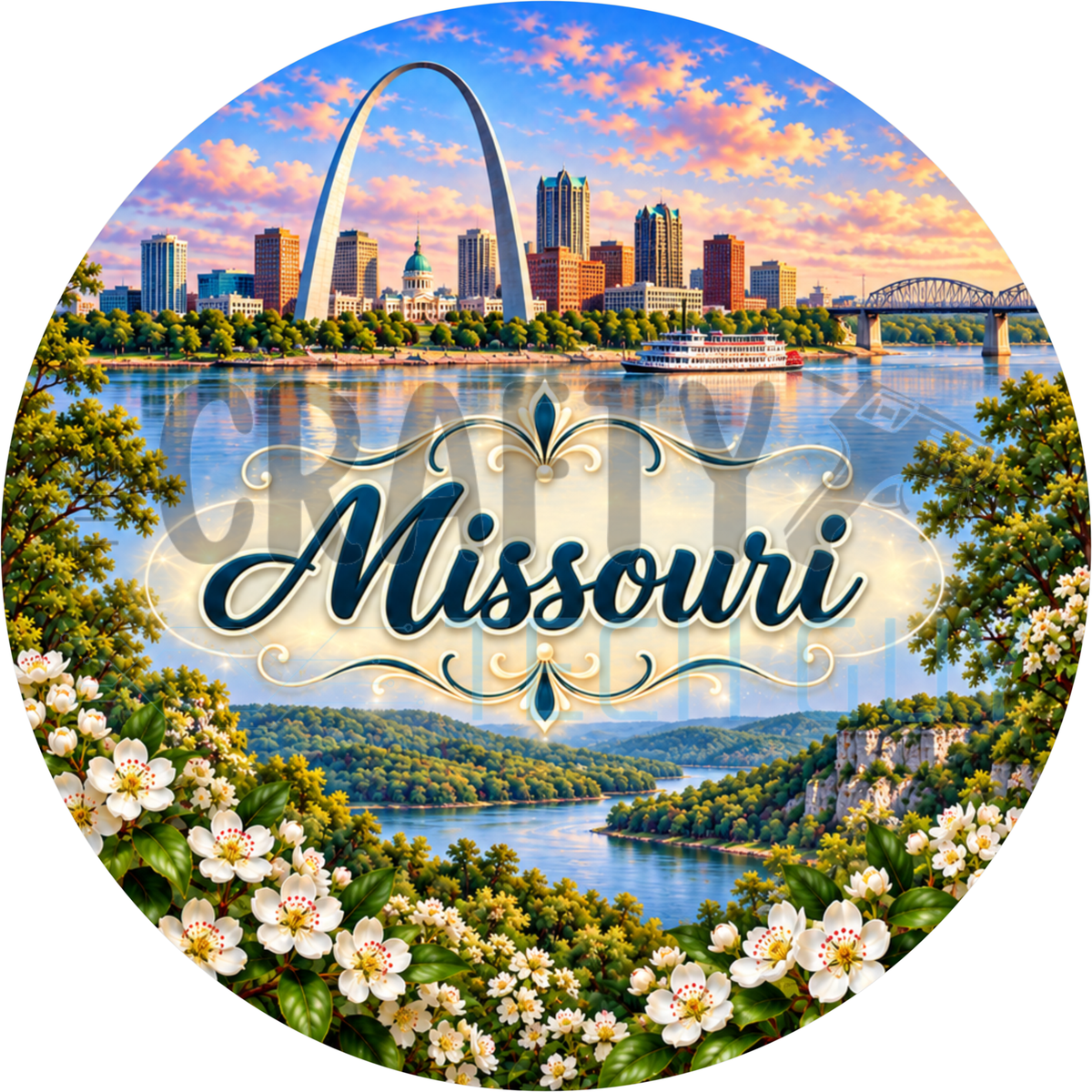 Round Missouri state wreath sign with the state name in script below the St. Louis Gateway Arch and skyline framed by white hawthorn blossoms