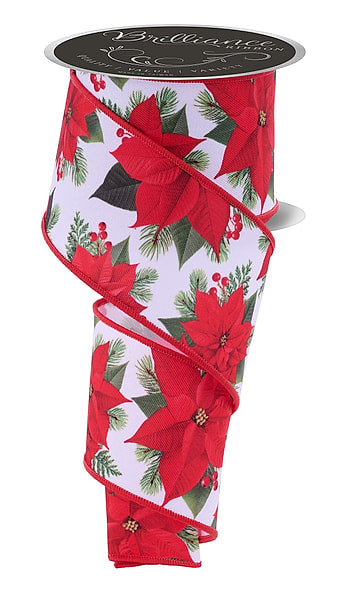 2.5 Inch 10 Yard Large Red Poinsettia Fir and Berry Print Wired Christmas Ribbon on White Canvas with Red Wired Edge
