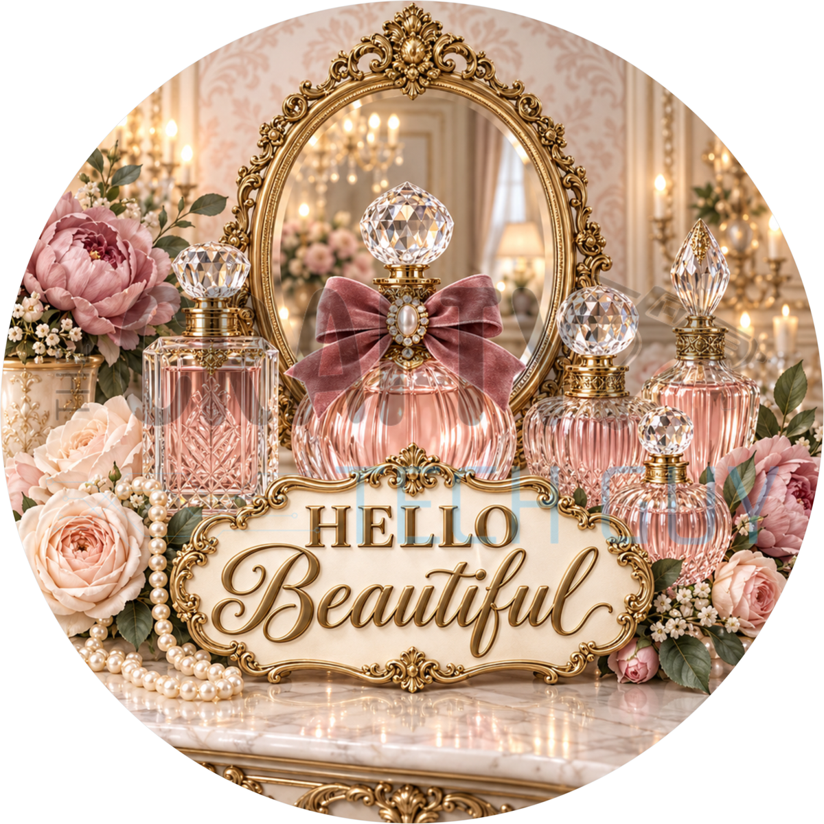 Round Hello Beautiful wreath sign with pink perfume bottles, a gold vanity mirror, blush roses and pearls on a marble vanity