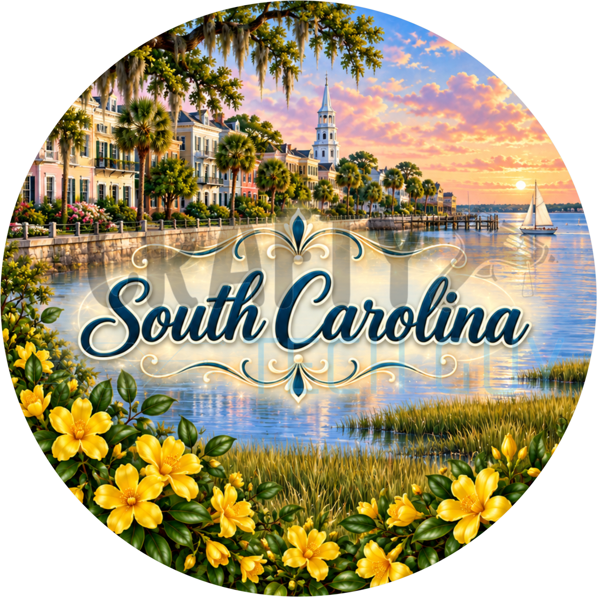 Round South Carolina state wreath sign with navy script lettering over Charleston harbor homes, palmetto trees, a sailboat and yellow jessamine flowers