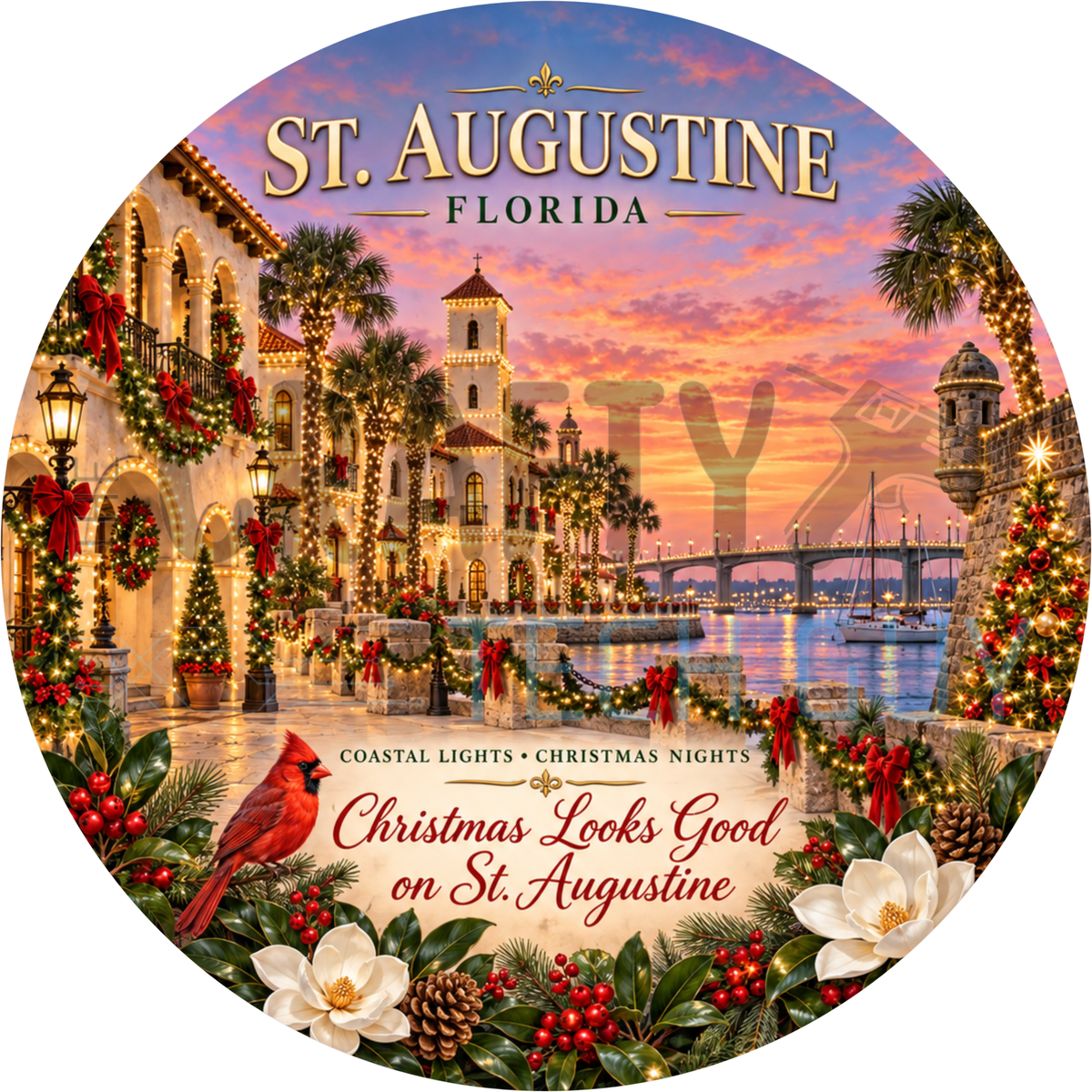 Round Christmas St. Augustine Florida wreath sign with a light-wrapped waterfront plaza, a red cardinal and white magnolias