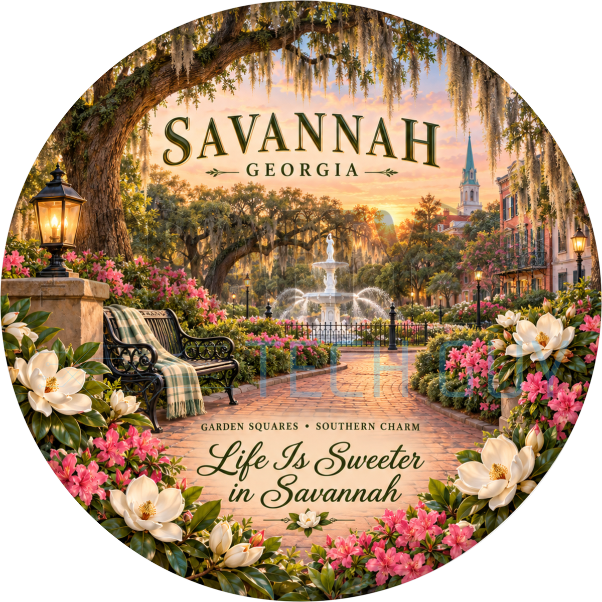 Round Savannah Georgia wreath sign with a garden bench, brick path and fountain under mossy oaks reading Life Is Sweeter in Savannah