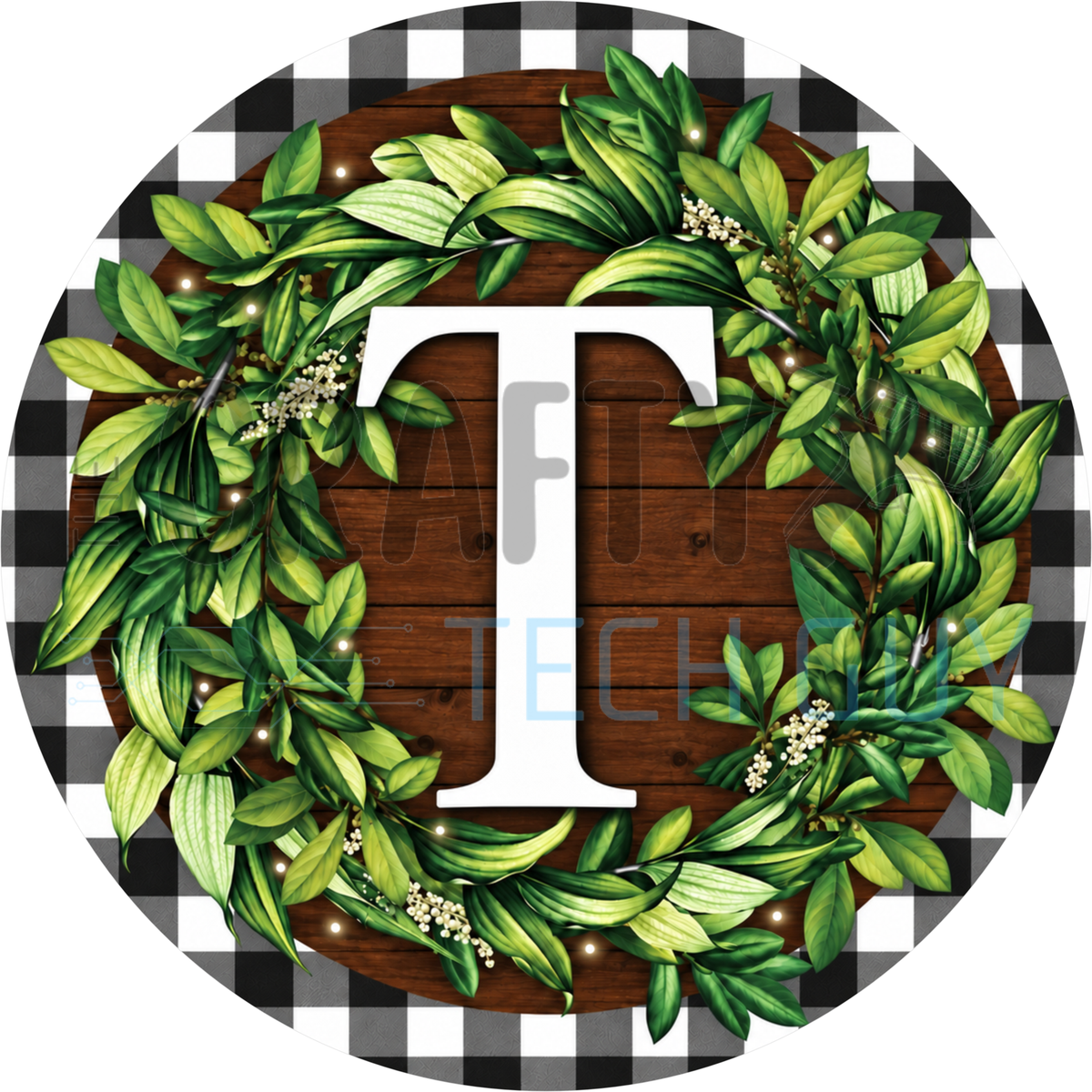Round monogram wreath sign with a white letter T inside a green leaf wreath on dark wood planks with a black and white buffalo check border