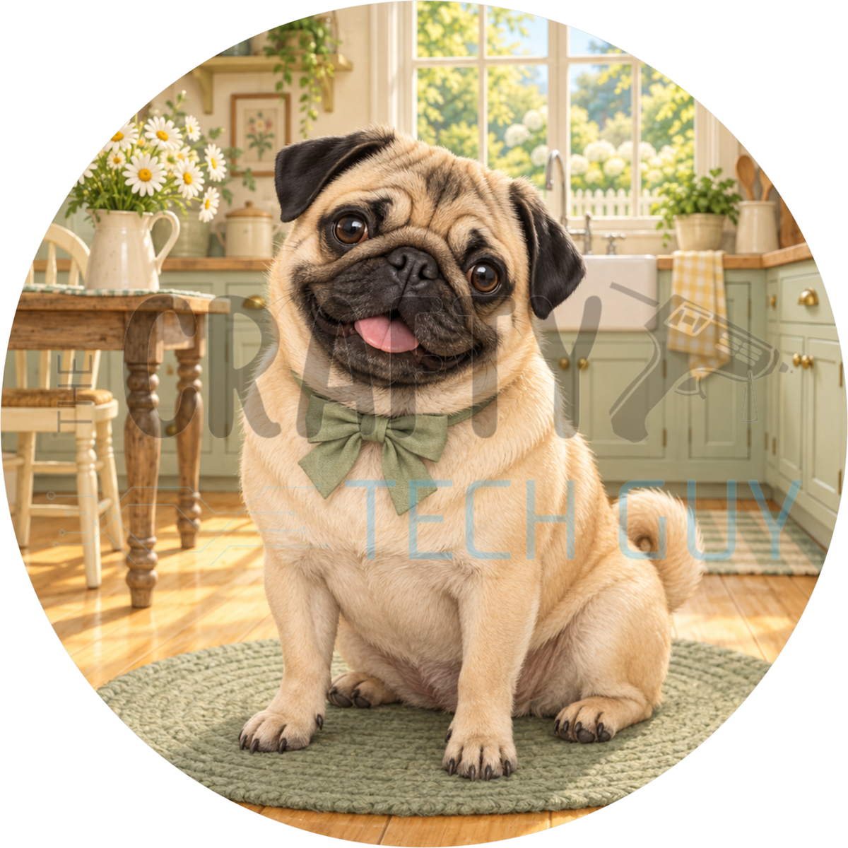 Round dog wreath sign of a fawn pug wearing a sage green bow tie sitting in a farmhouse kitchen with daisies