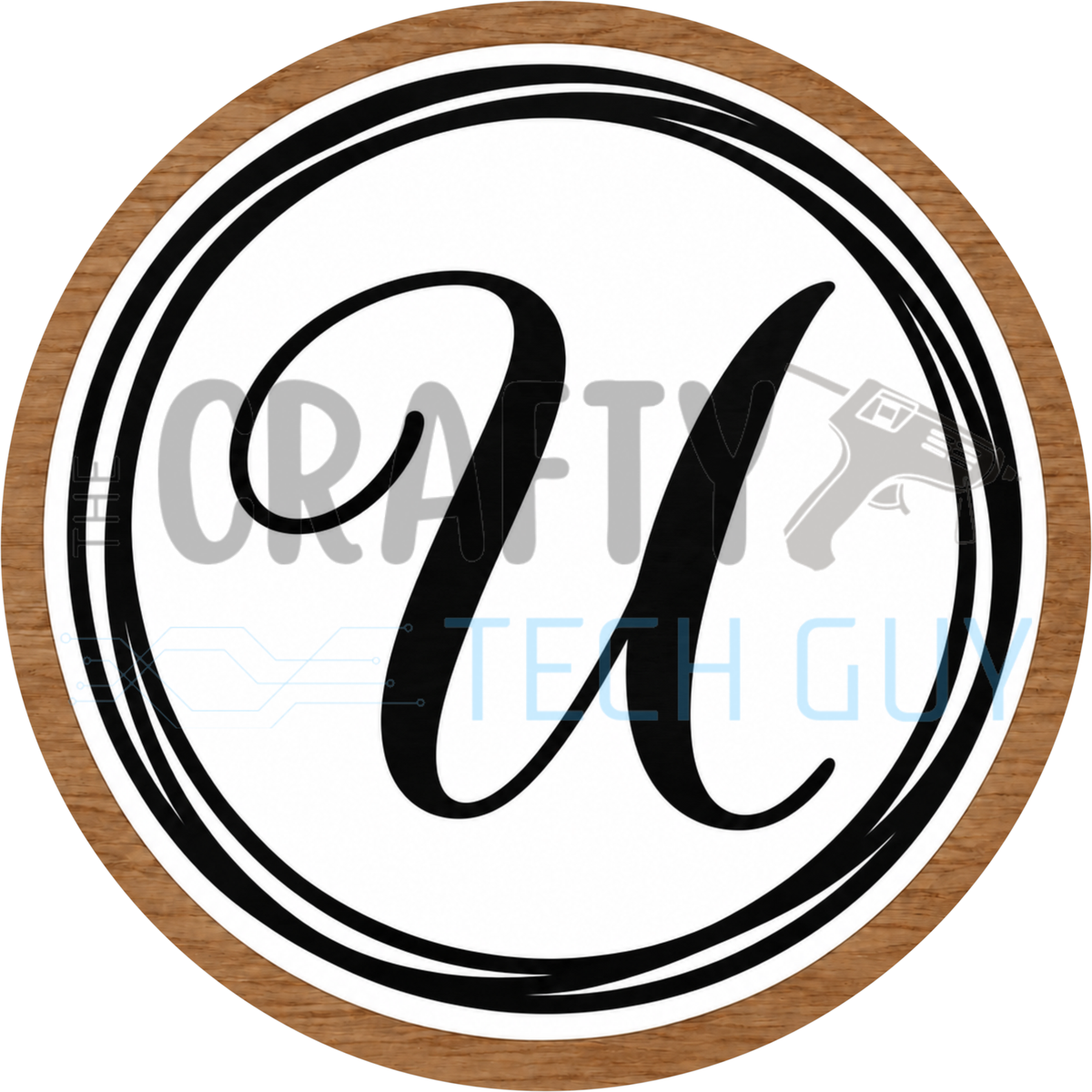 Round monogram wreath sign with a black script calligraphy letter U on white, circled by black swirl lines and a wood grain border