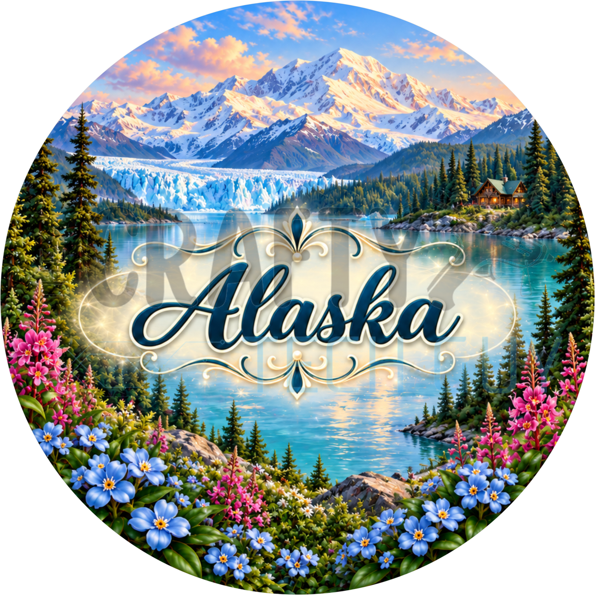 Round Alaska state wreath sign with the state name in script over a turquoise lake below snowy mountains and a glacier with forget-me-nots and fireweed