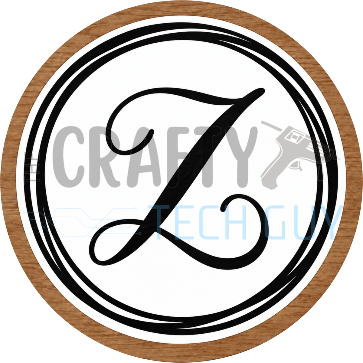 Round monogram wreath sign with a black script calligraphy letter Z on white, circled by black swirl lines and a wood grain border