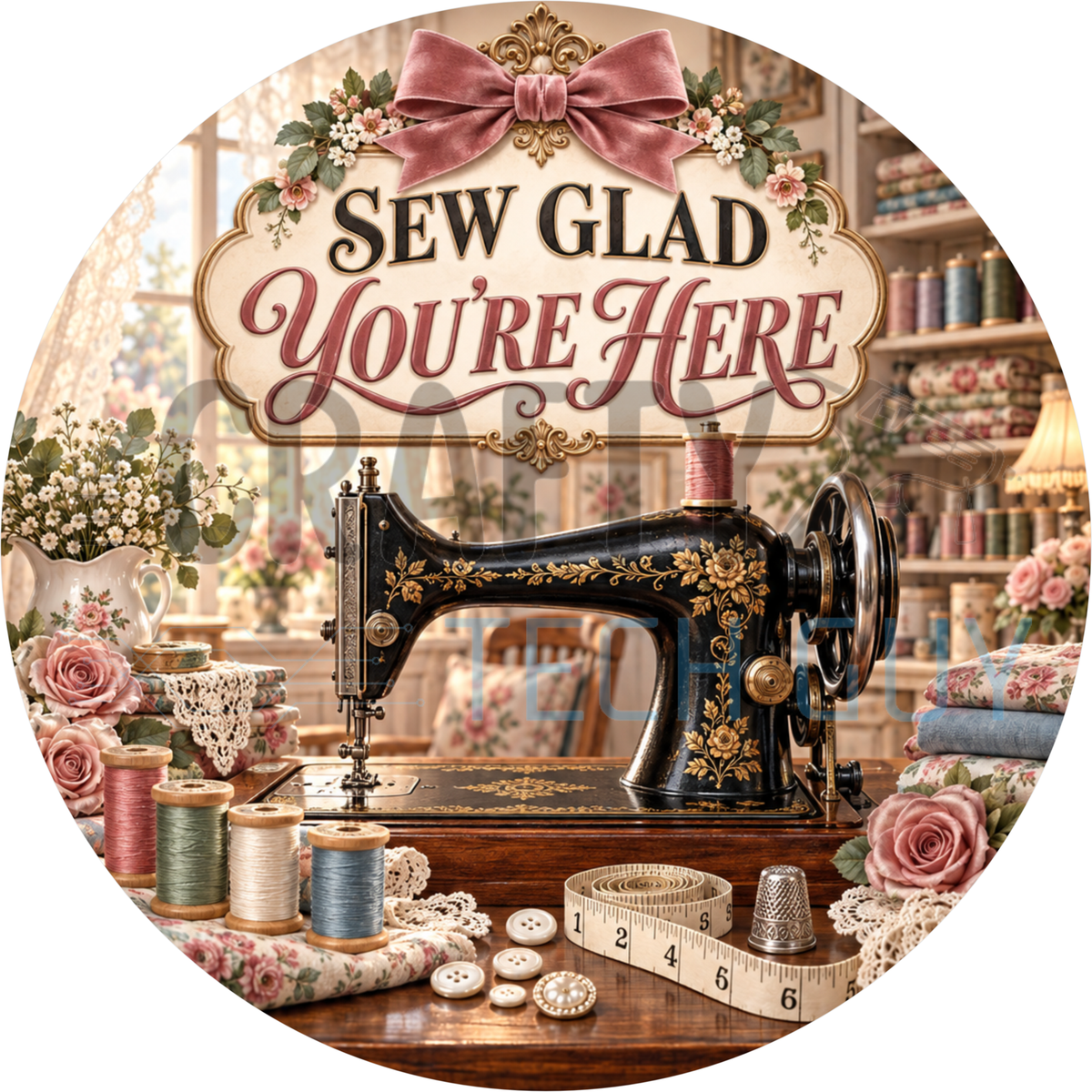 Round sewing wreath sign reading Sew Glad You're Here above a vintage black sewing machine with thread spools and pink roses