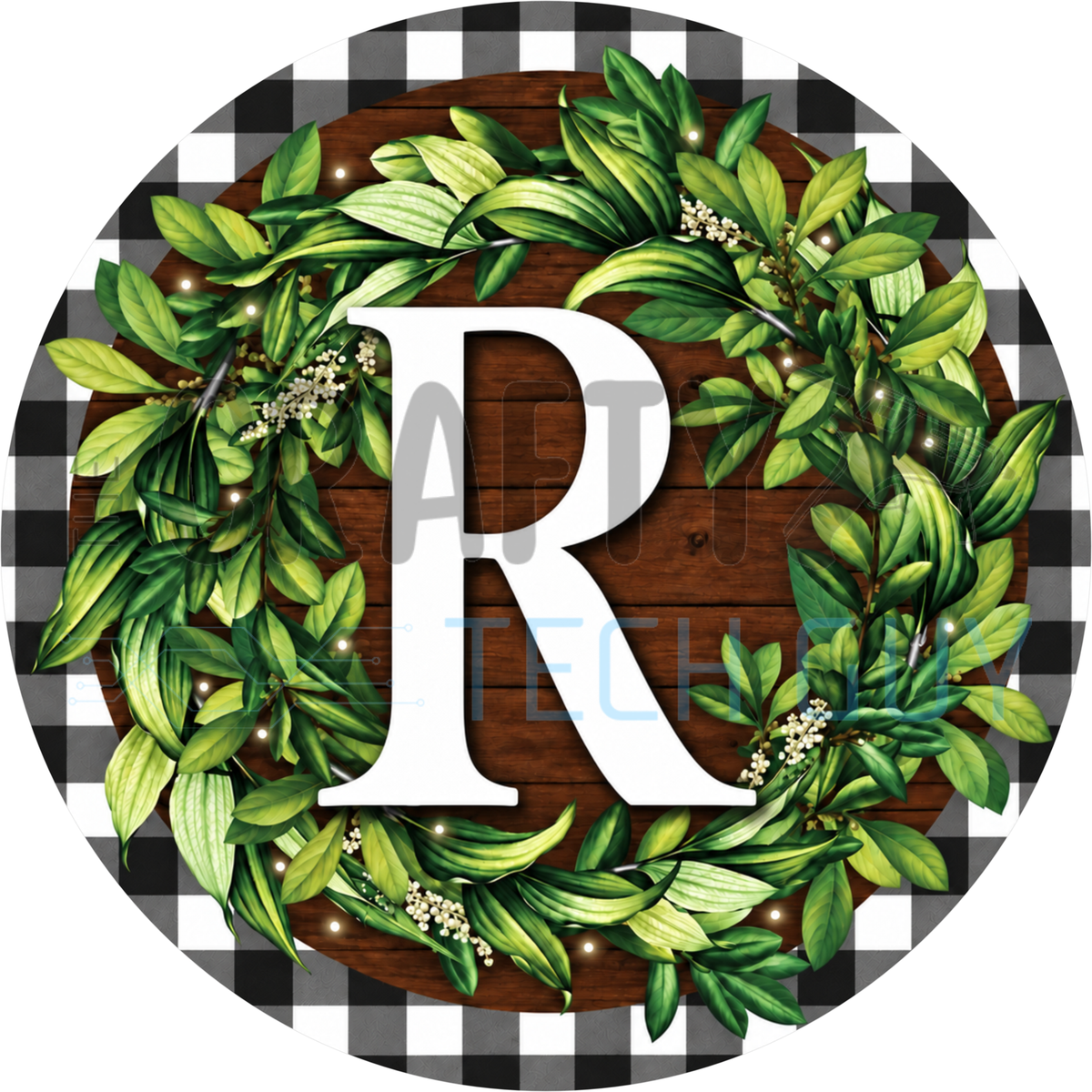 Round monogram wreath sign with a white letter R inside a green leaf wreath on dark wood planks with a black and white buffalo check border