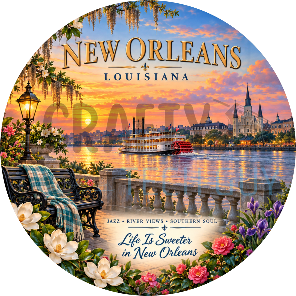 Round New Orleans Louisiana wreath sign with a paddlewheel riverboat, cathedral and iron bench at sunset reading Life Is Sweeter in New Orleans