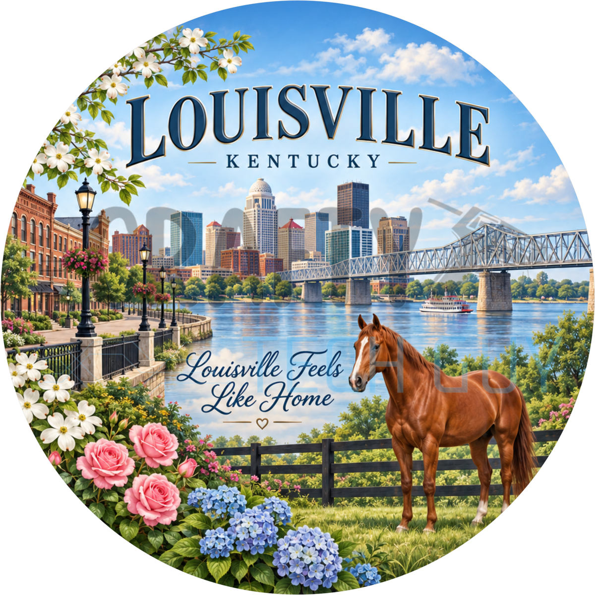 Round Louisville Kentucky wreath sign with the city skyline, a river bridge and a chestnut horse reading Louisville Feels Like Home