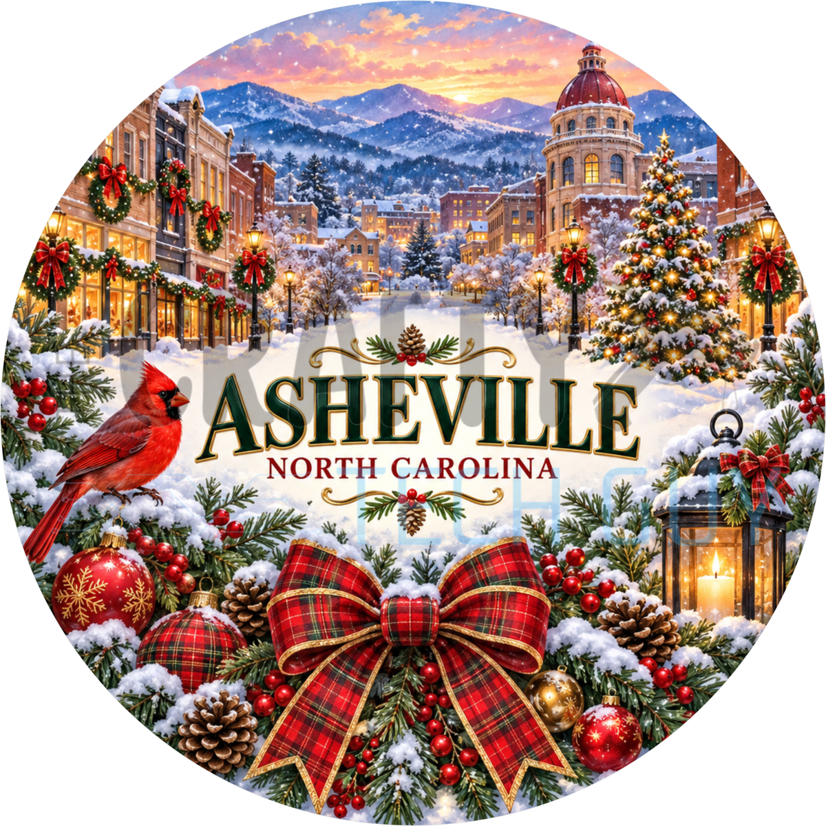 Round Christmas Asheville North Carolina name wreath sign with a snowy downtown street, red cardinal, lantern and red plaid bow