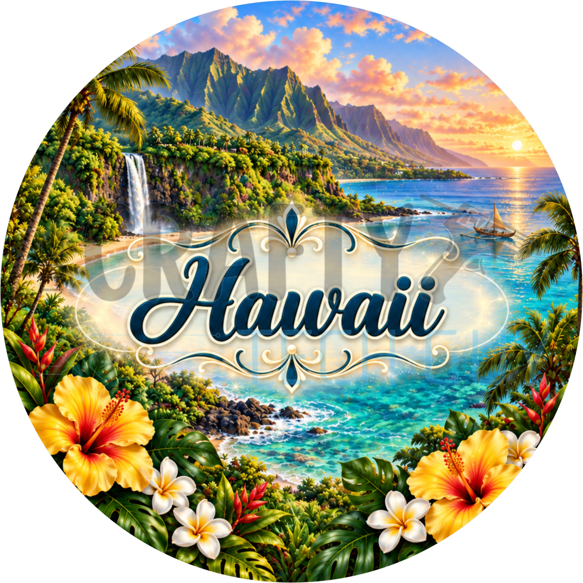 Round Hawaii state wreath sign with the state name in script over a tropical bay with a waterfall and mountains framed by yellow hibiscus