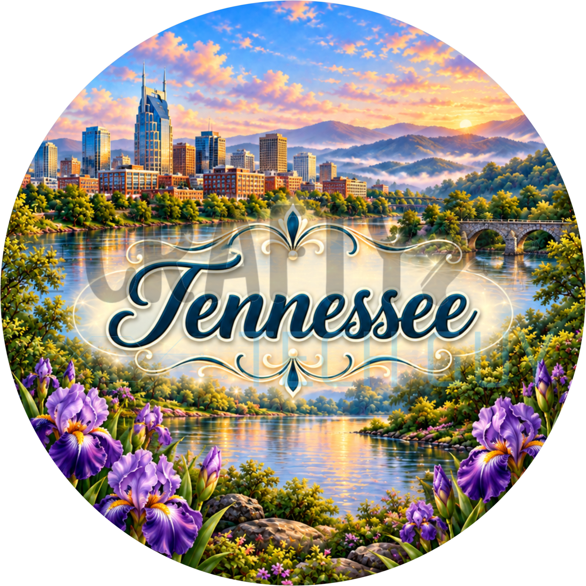 Round Tennessee state wreath sign with navy script lettering over the Nashville skyline, Smoky Mountains, a river and purple iris flowers