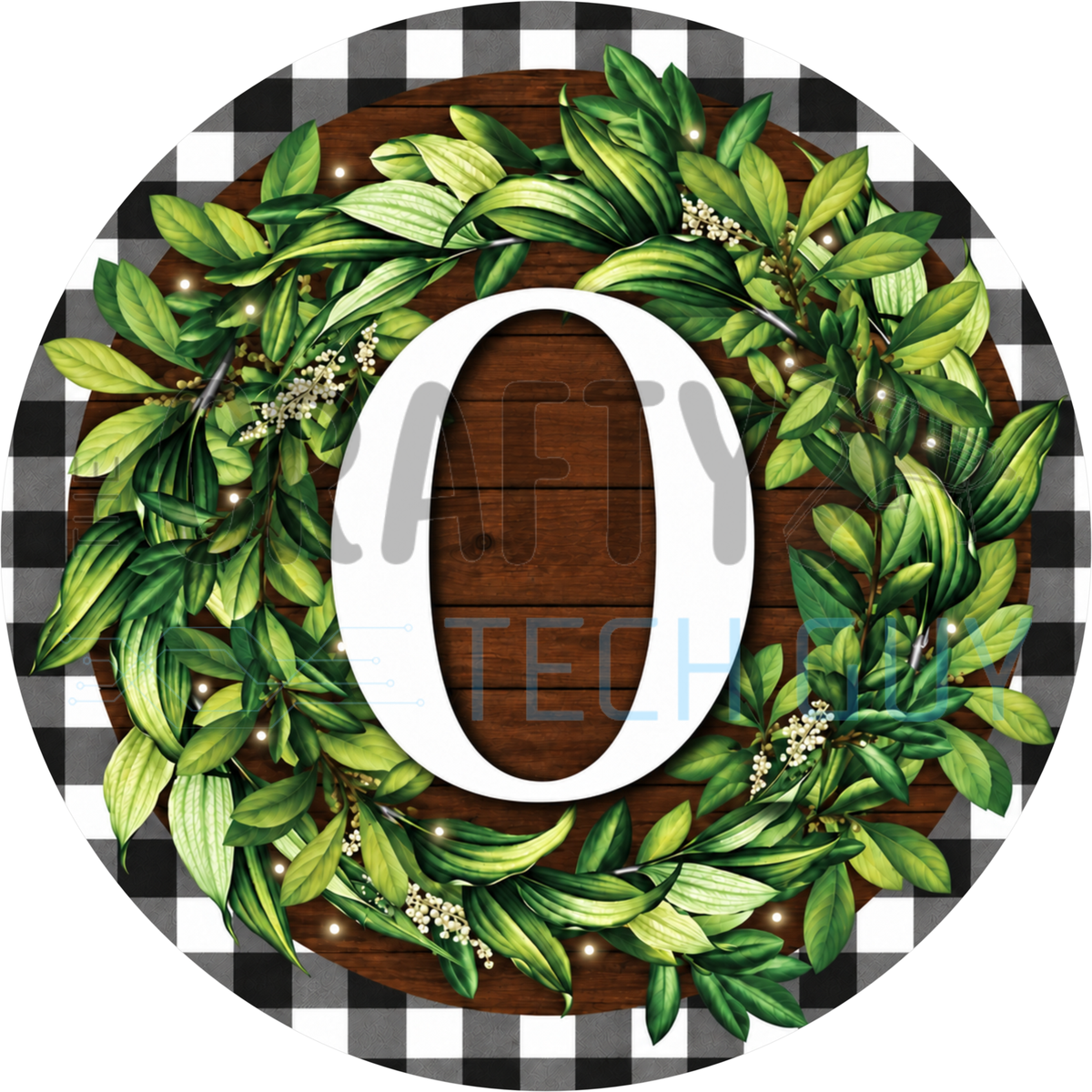 Round monogram wreath sign with a white letter O inside a green leaf wreath on dark wood planks with a black and white buffalo check border