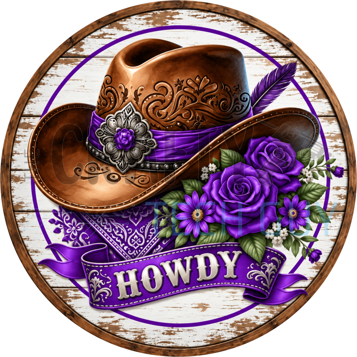 Round western wreath sign with a brown cowboy hat, purple roses and a purple bandana banner reading Howdy on whitewashed wood