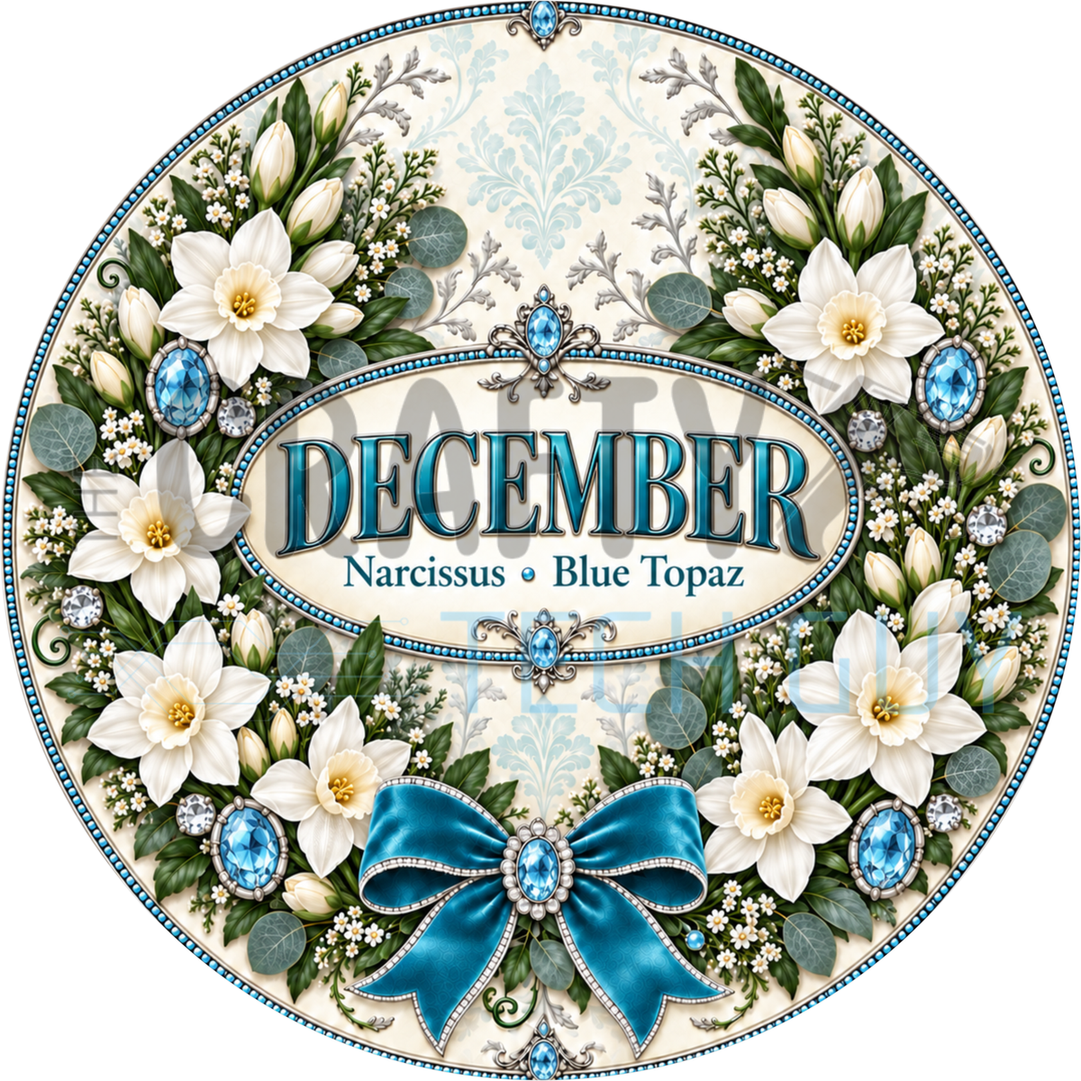 Round December birthstone wreath sign with white narcissus, blue topaz jewels and a teal bow around the words December Narcissus Blue Topaz