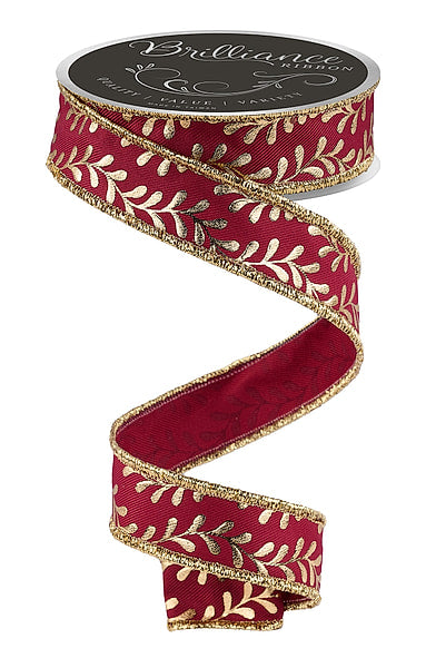 7/8 Inch 10 Yard Antique Gold Foil Leaf Garland Vine Print Wired Ribbon on Wine Burgundy Twill with Metallic Gold Wired Edge