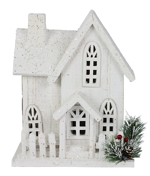 10.5 Inch White Light Up Wood Christmas Village House with LED Cut Out Windows Glitter Snow Picket Fence and Frosted Pine Sprig