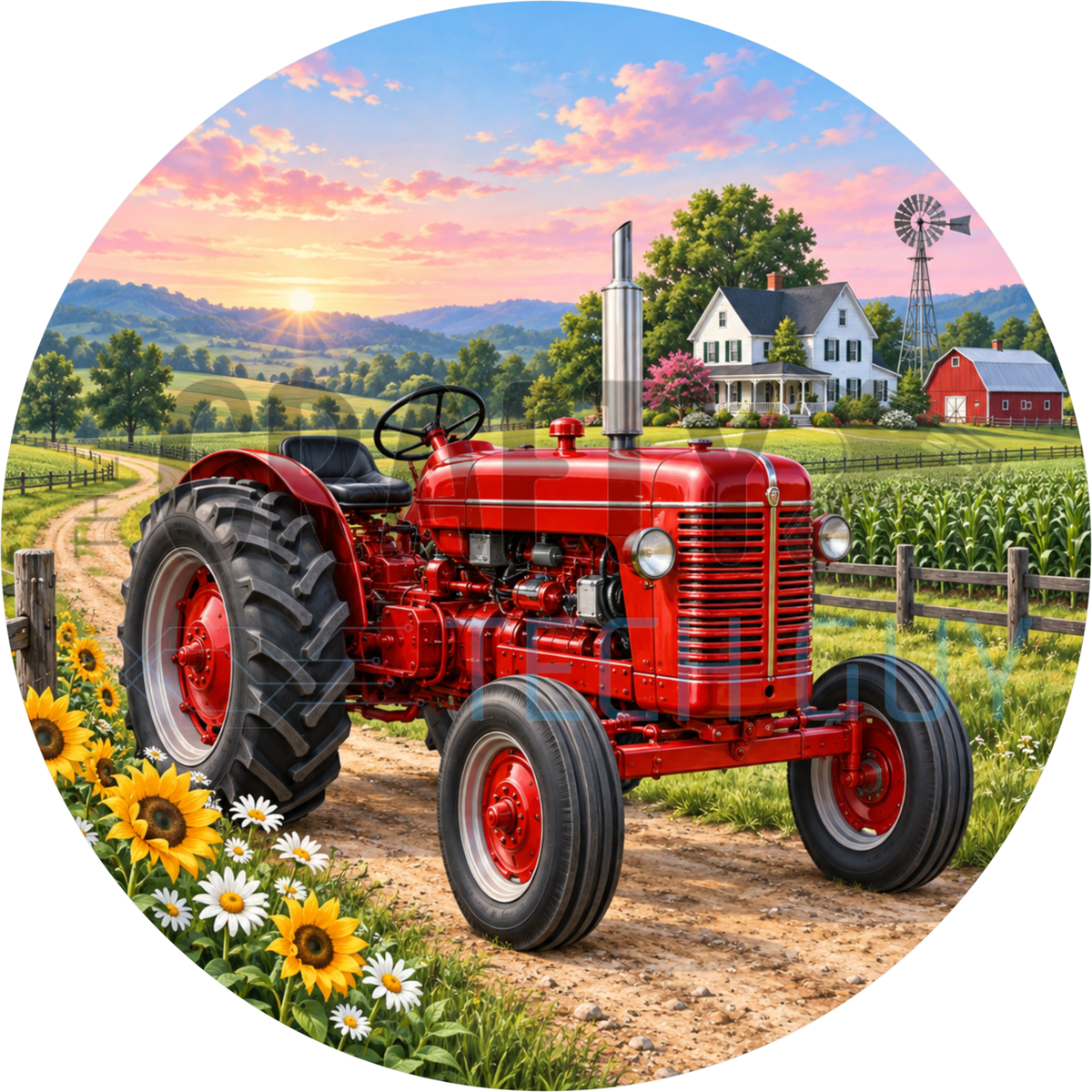 Round farmhouse wreath sign of a red vintage tractor on a dirt country road lined with sunflowers with a white farmhouse and red barn at sunset