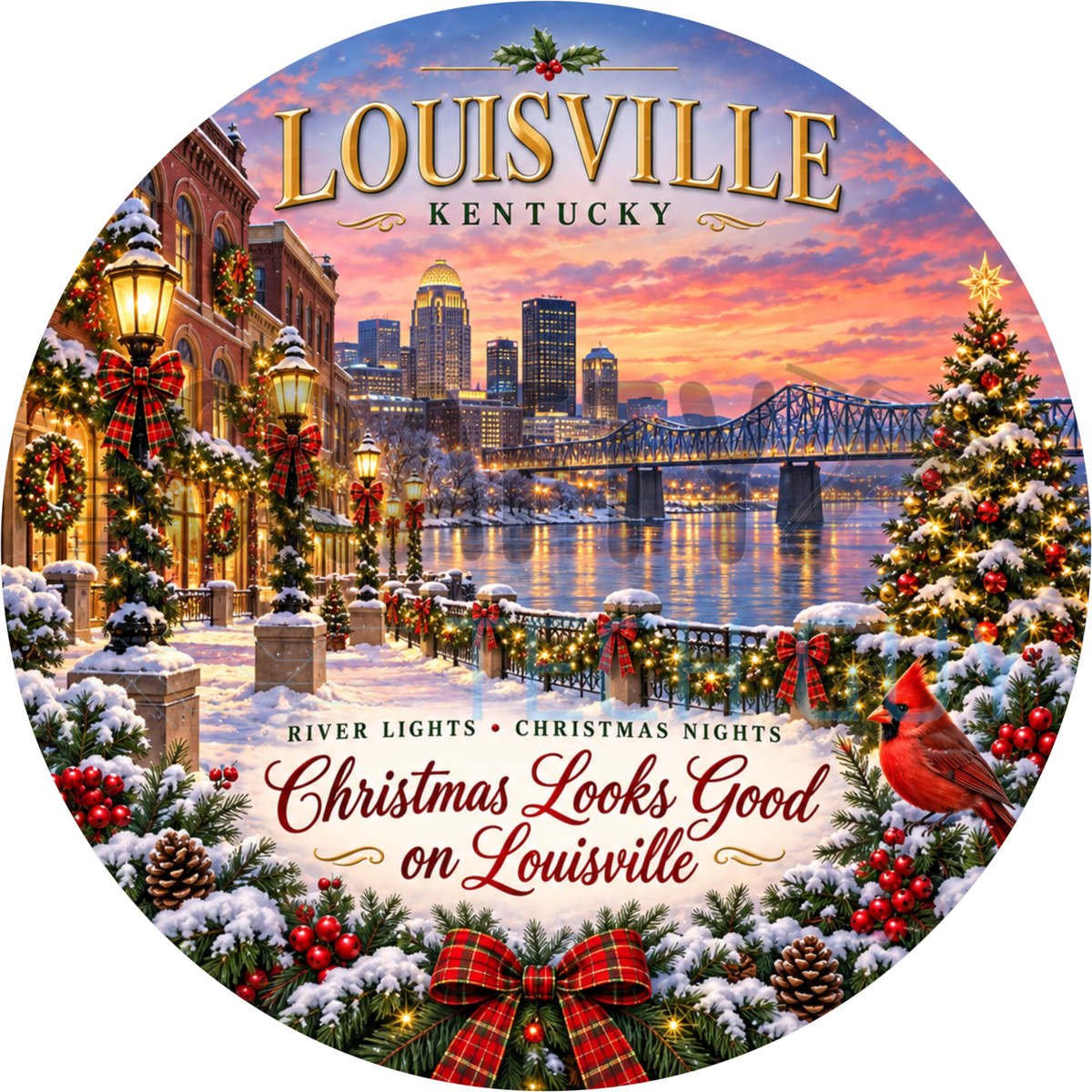Round Christmas Louisville Kentucky wreath sign with a snowy riverwalk, skyline, Christmas tree and a red cardinal