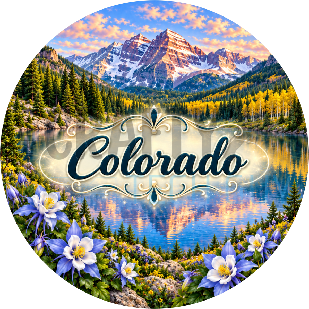 Round Colorado state wreath sign with the state name in script over a mountain lake reflecting the Maroon Bells with purple columbines