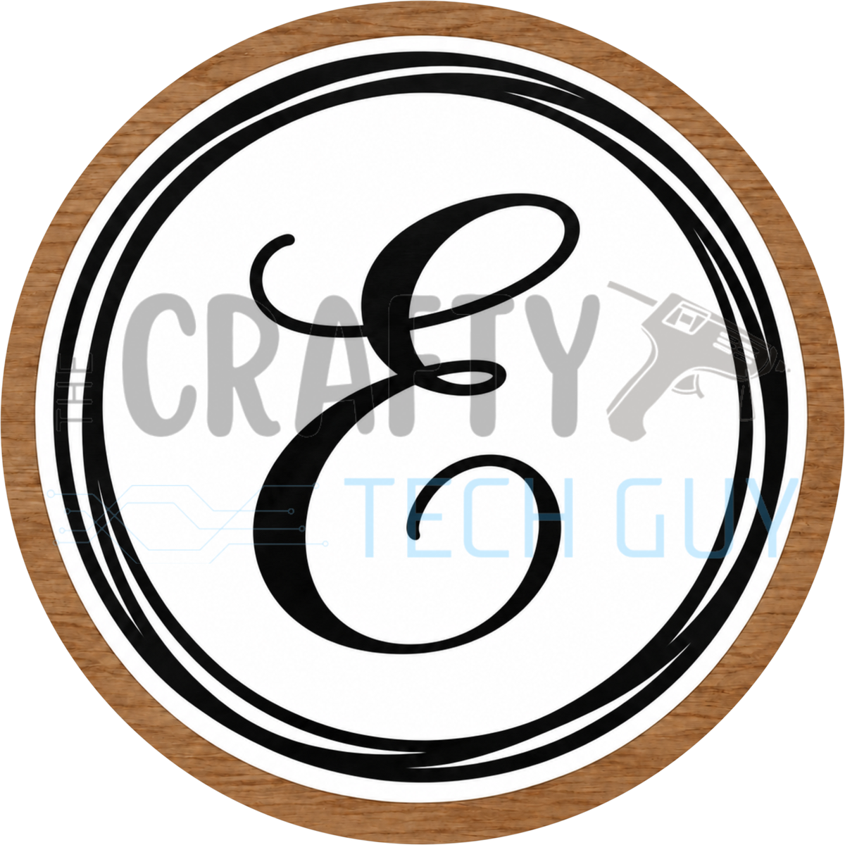 Round monogram wreath sign with a black script calligraphy letter E on white, circled by black swirl lines and a wood grain border