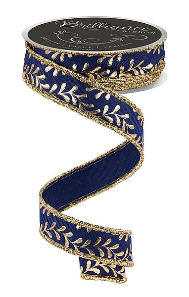 7/8 Inch 10 Yard Antique Gold Foil Leaf Garland Print Wired Ribbon on Deep Navy Blue with Metallic Gold Wired Edge