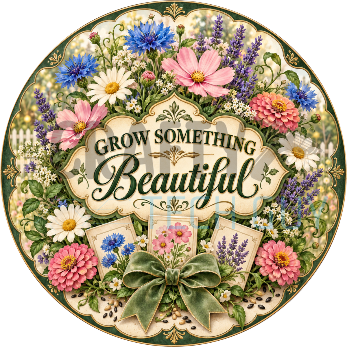 Round spring wreath sign reading Grow Something Beautiful surrounded by pink and blue garden flowers, seed packets and a green bow