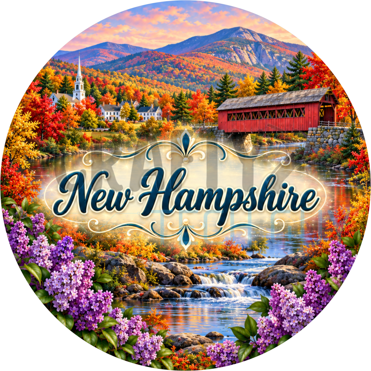 Round New Hampshire state wreath sign with the state name in script over a red covered bridge and church in fall foliage with purple lilacs
