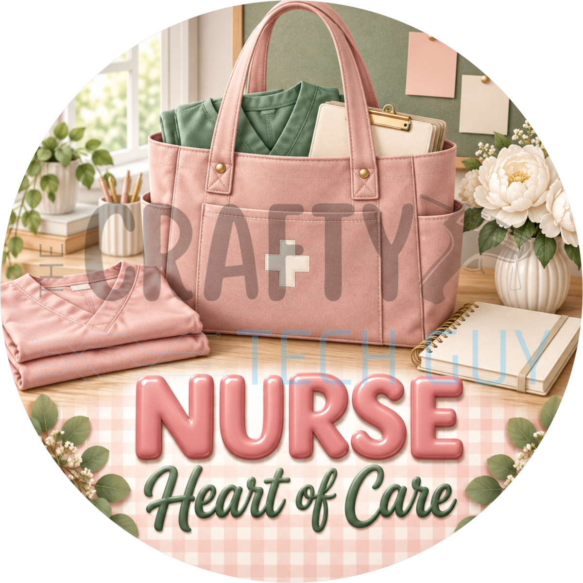 Round nurse wreath sign with a pink tote bag, scrubs and clipboard over pink gingham reading Nurse Heart of Care