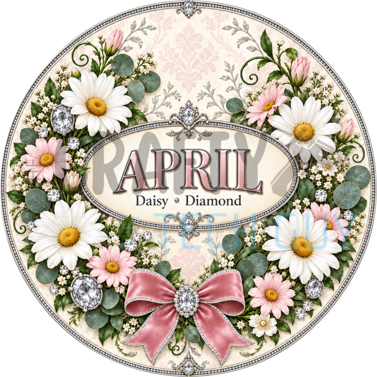 Round April birthstone wreath sign with white and pink daisies, sparkling clear diamond jewels and a pink bow around the words April Daisy Diamond