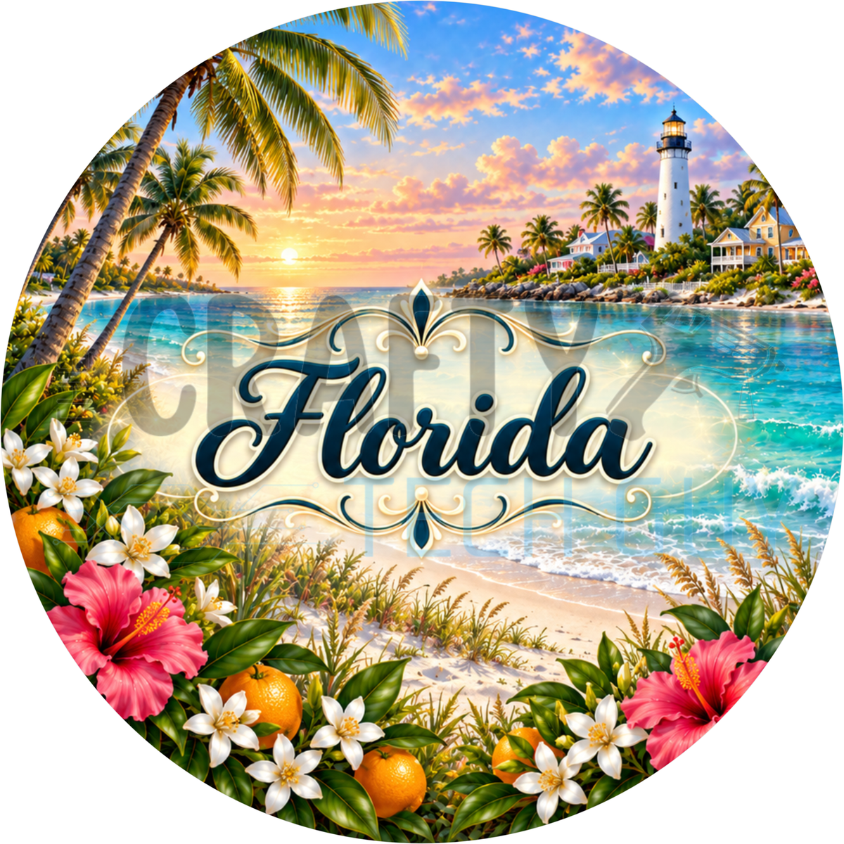 Round Florida state wreath sign with the state name in script over a palm-lined beach and lighthouse with hibiscus and oranges