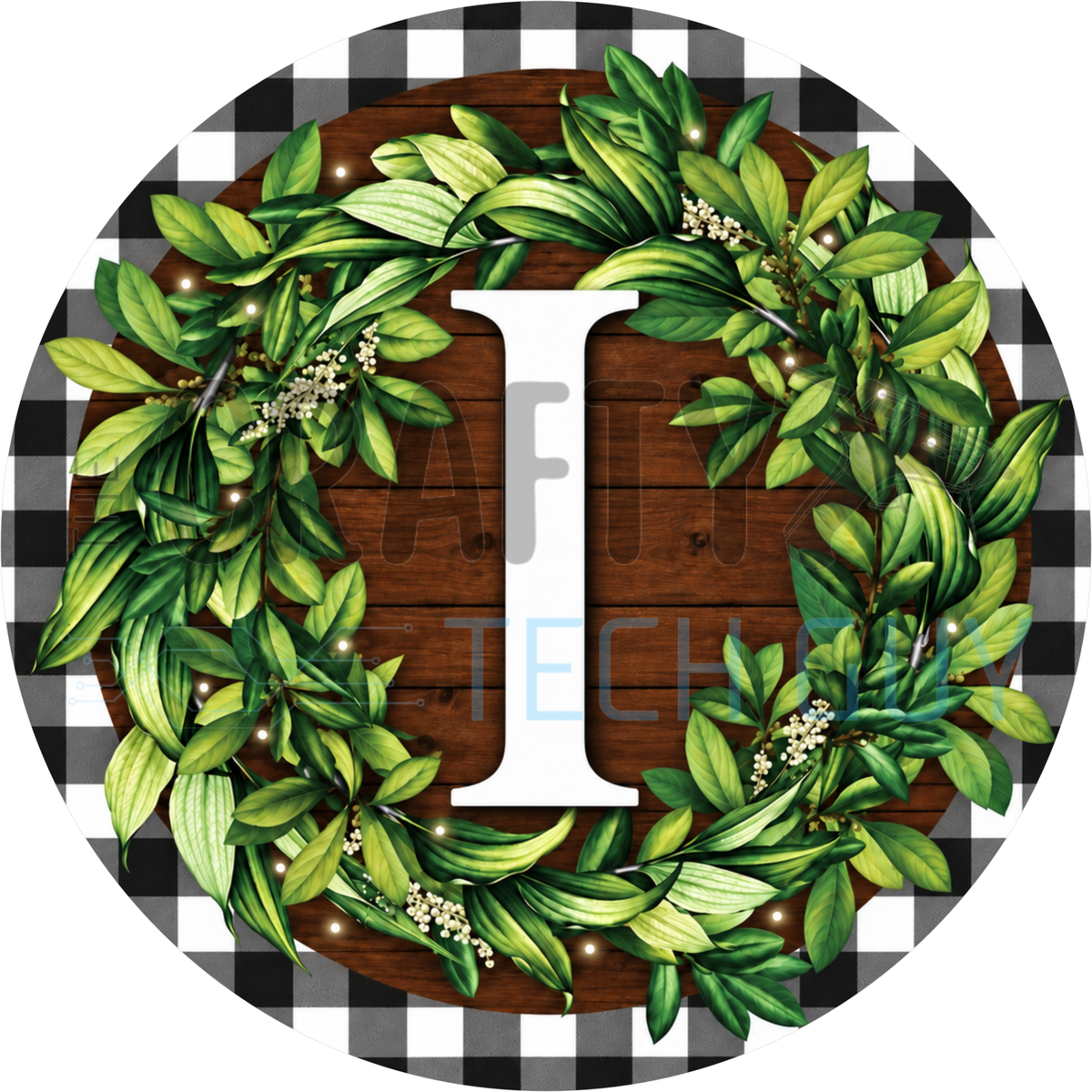 Round monogram wreath sign with a white letter I inside a green leaf wreath on dark wood planks with a black and white buffalo check border