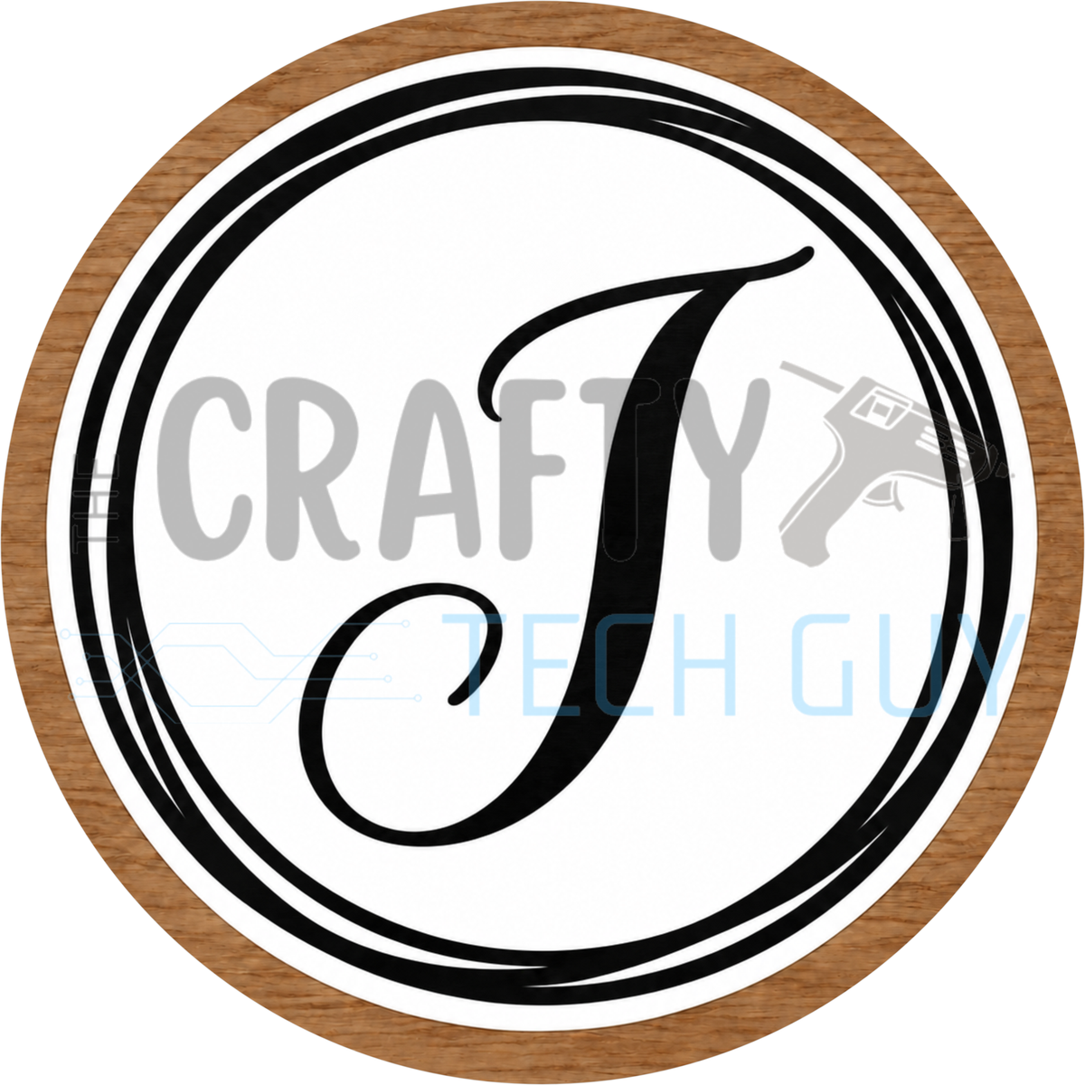 Round monogram wreath sign with a black script calligraphy letter J on white, circled by black swirl lines and a wood grain border