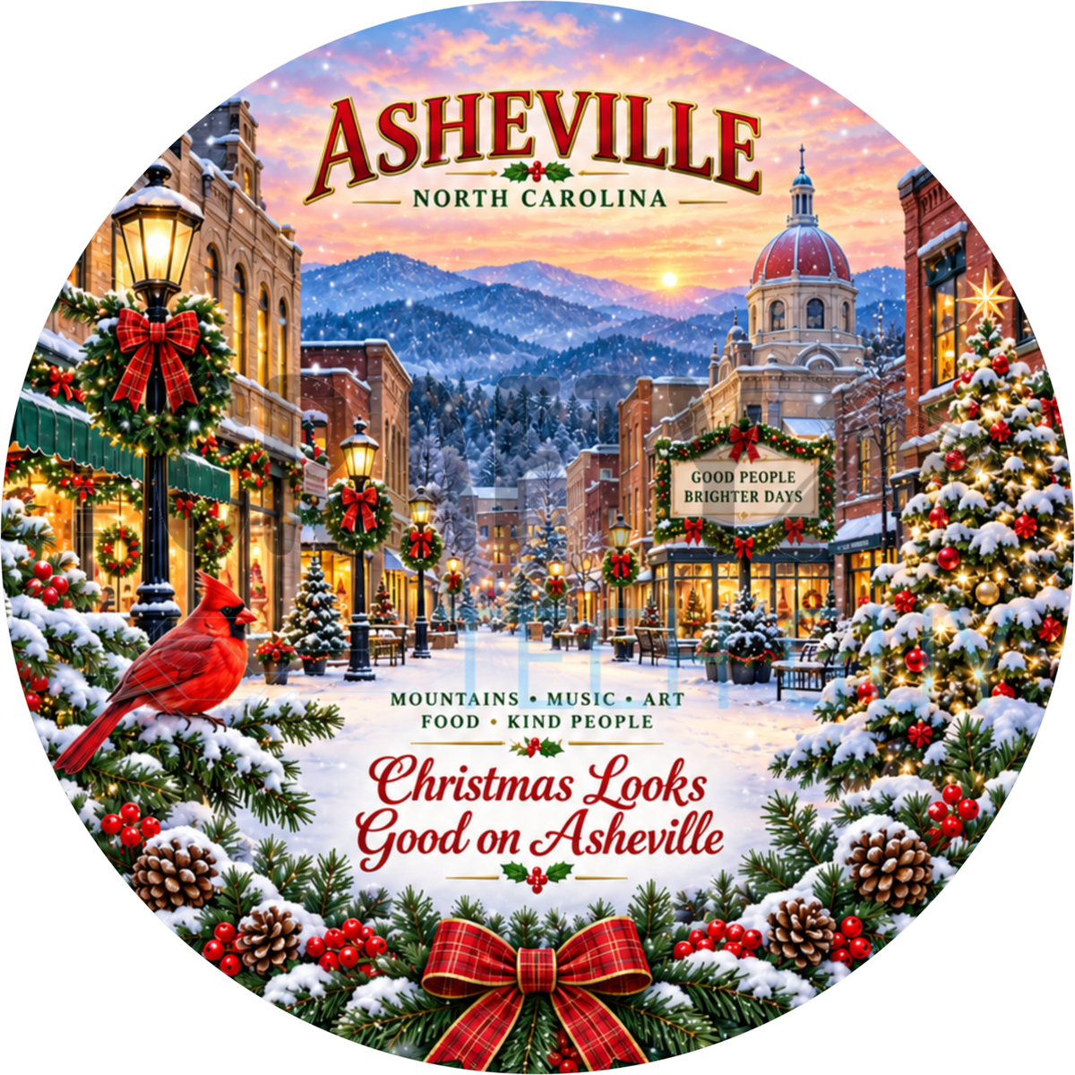 Round Christmas Asheville North Carolina wreath sign with a snowy decorated downtown street, a red cardinal and a plaid bow